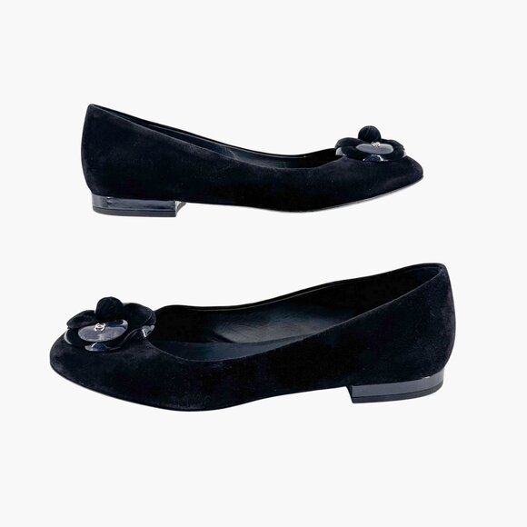 Chanel Camellia CC Ballet Flats Black Suede Size 38.5 US 7.5–8 Women Flower Logo - Picture 7 of 14